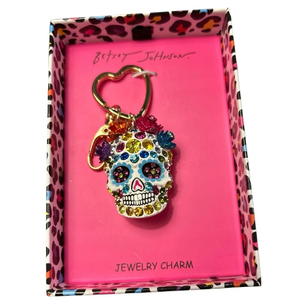 Betsey Johnson Multicolor skull key chain bag charm with rhinestons NIB